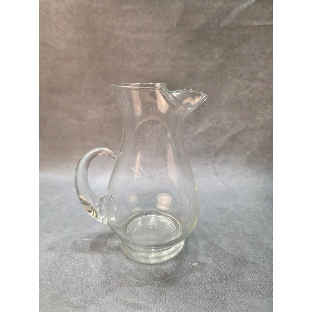 Vintage Etched Floral Clear Glass Pitcher with Ice Lip Spout 9.5 Inch